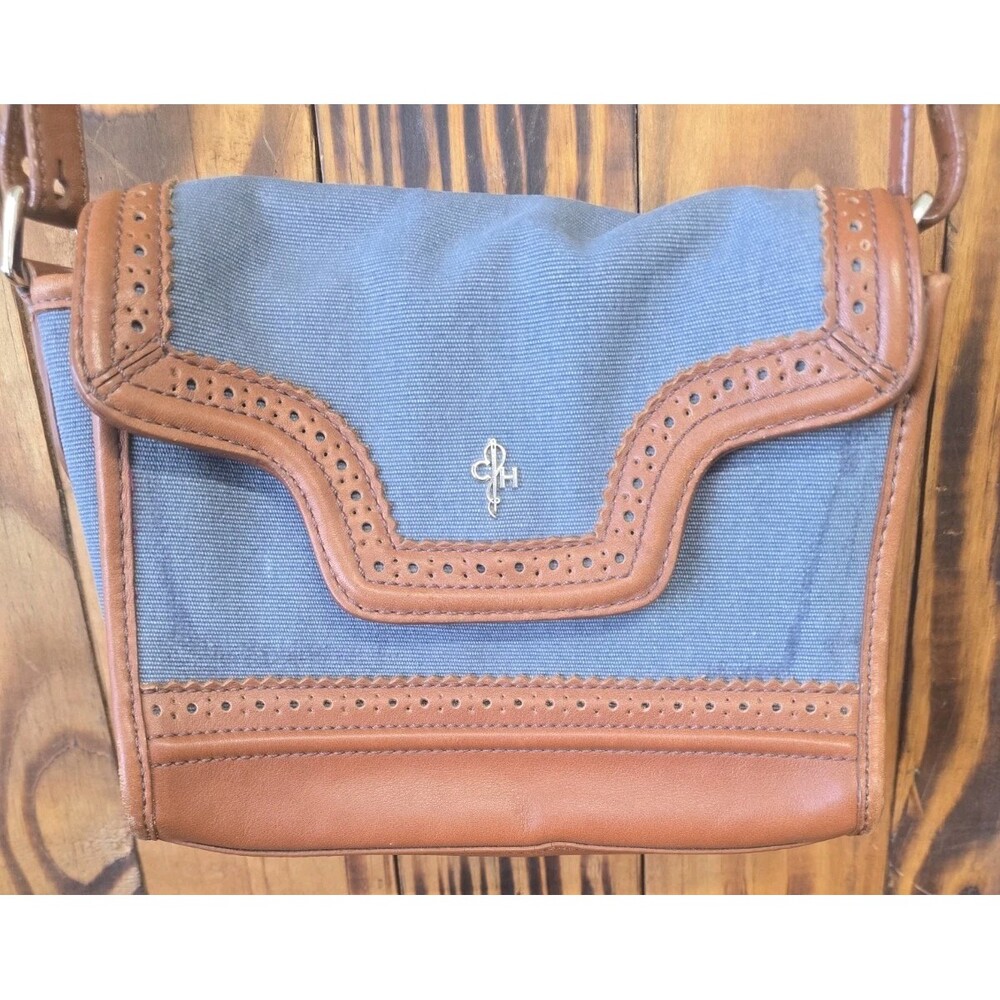 Cole Haan Blue Denim Brown Leather Crossbody Purse Bag Tooled Detailing